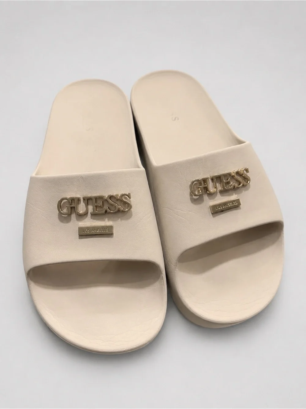 Guess Cream Slide Sandals with Gold Logo Hardware